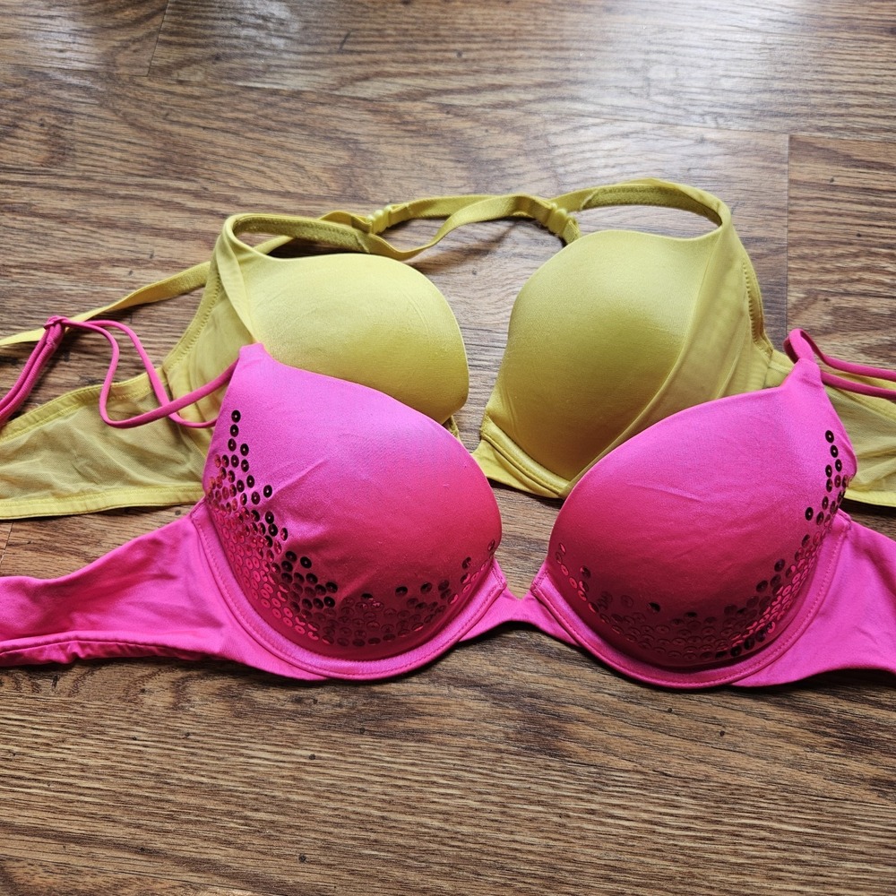 2 Pack Victoria's Secret Bra 34B Push‎ Up Neon Pink Yellow Underwire Adjustable